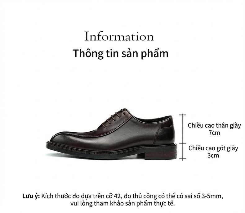 Giày Tây Buộc Dây Nam Da Thật Cao Cấp Mũi Nhọn Oxford Chiều Cao Đế Khoảng 3cm Màu Đen, Nâu chi tiết 6