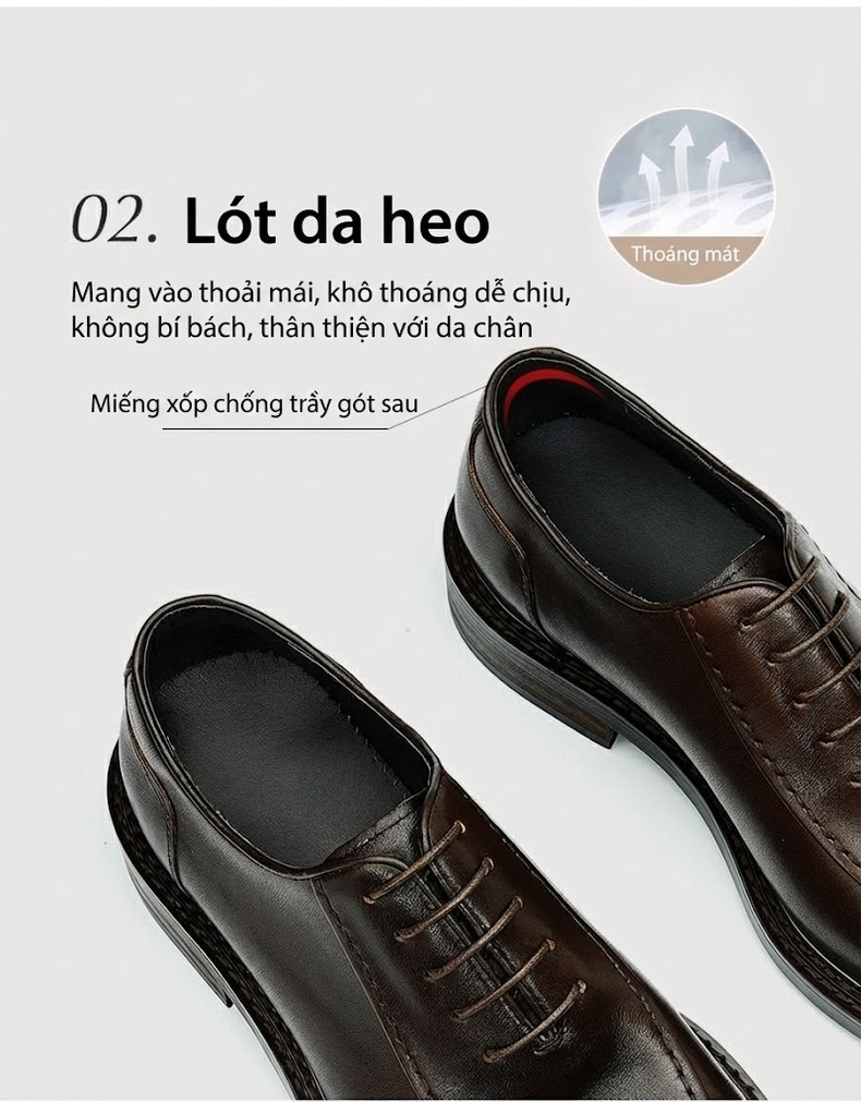 Giày Tây Buộc Dây Nam Da Thật Cao Cấp Mũi Nhọn Oxford Chiều Cao Đế Khoảng 3cm Màu Đen, Nâu chi tiết 8