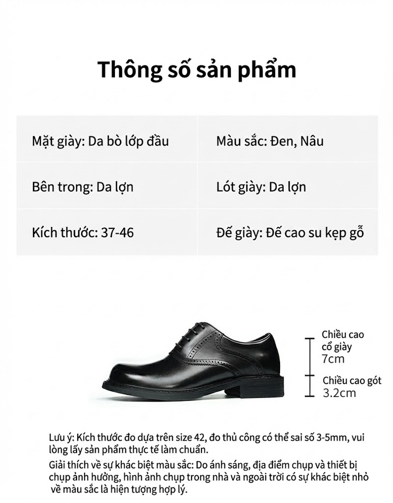 Giày Tây Buộc Dây Nam Da Thật Chân To Bề Ngang Rộng Chiều Cao Đế Khoảng 3cm Màu Đen, Nâu chi tiết 2