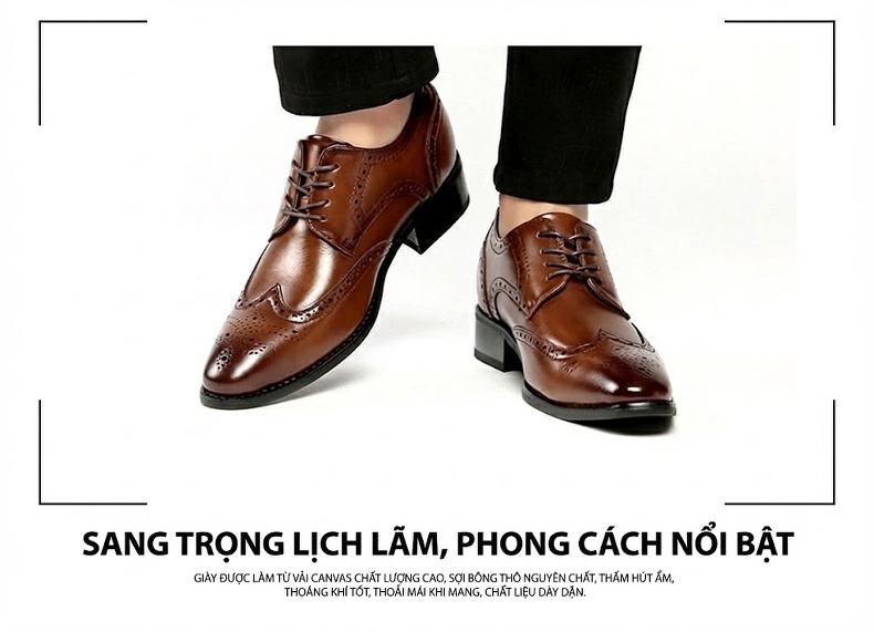 Giày Tây Buộc Dây Nam Da Thật Chiều Cao Đế 6cm Kiểu Brogue Màu Đen, Nâu chi tiết 13