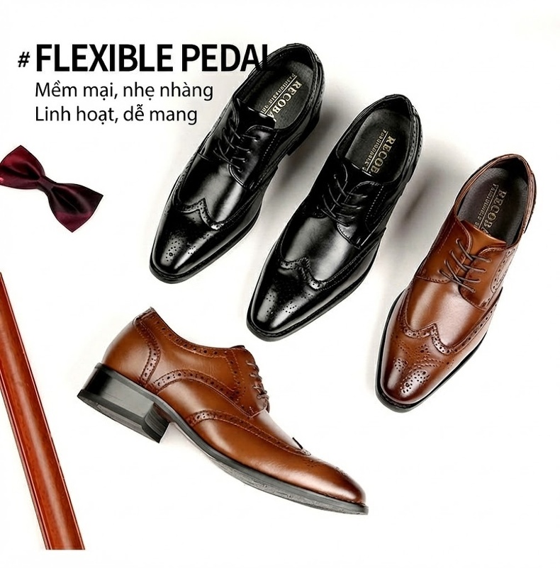 Giày Tây Buộc Dây Nam Da Thật Chiều Cao Đế 6cm Kiểu Brogue Màu Đen, Nâu chi tiết 3