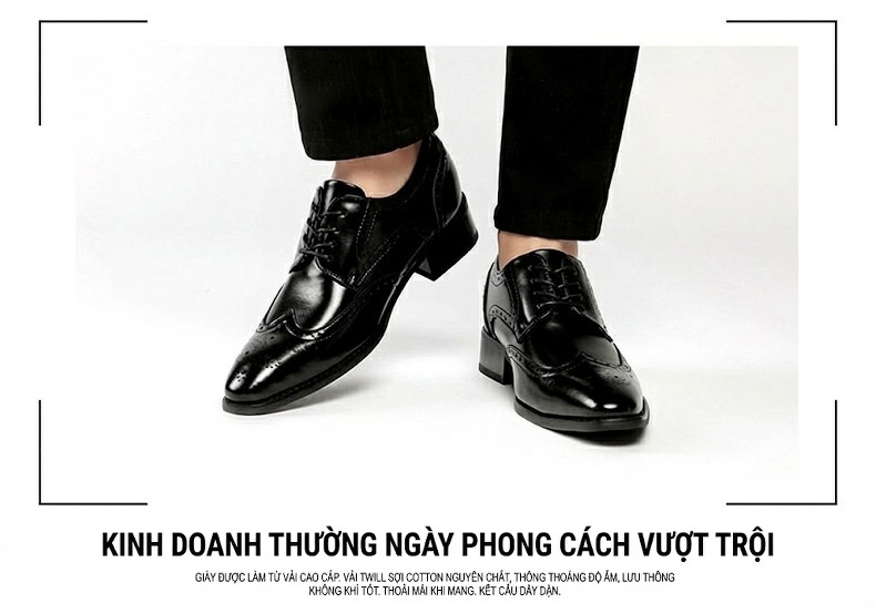 Giày Tây Buộc Dây Nam Da Thật Chiều Cao Đế 6cm Kiểu Brogue Màu Đen, Nâu chi tiết 15