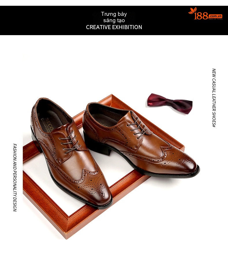 Giày Tây Buộc Dây Nam Da Thật Chiều Cao Đế 6cm Kiểu Brogue Màu Đen, Nâu chi tiết 16