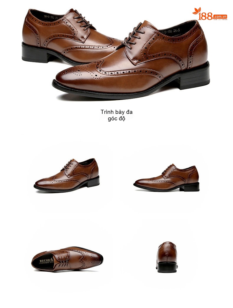 Giày Tây Buộc Dây Nam Da Thật Chiều Cao Đế 6cm Kiểu Brogue Màu Đen, Nâu chi tiết 23