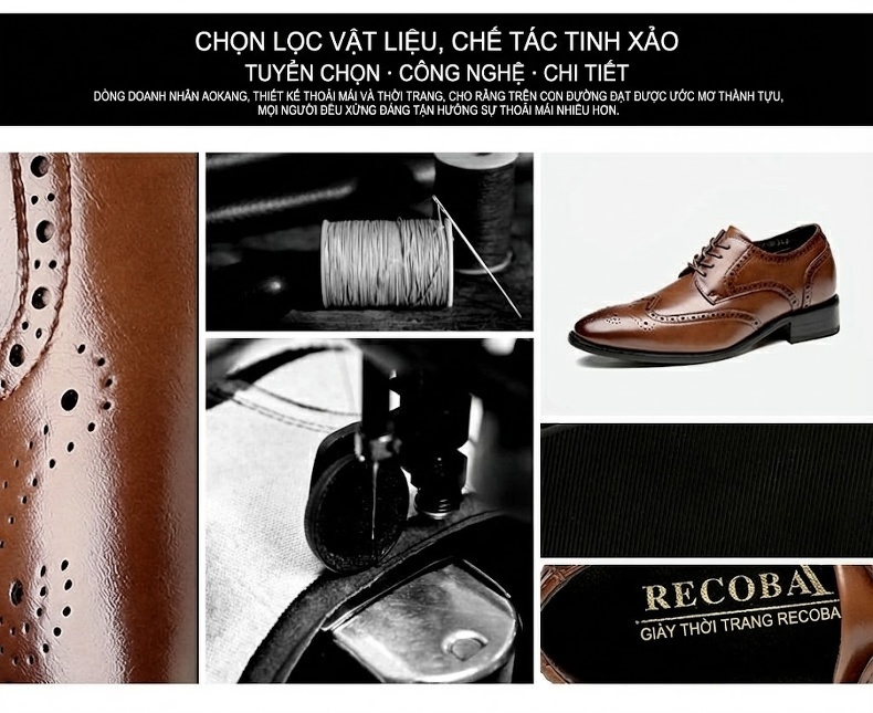Giày Tây Buộc Dây Nam Da Thật Chiều Cao Đế 6cm Kiểu Brogue Màu Đen, Nâu chi tiết 4