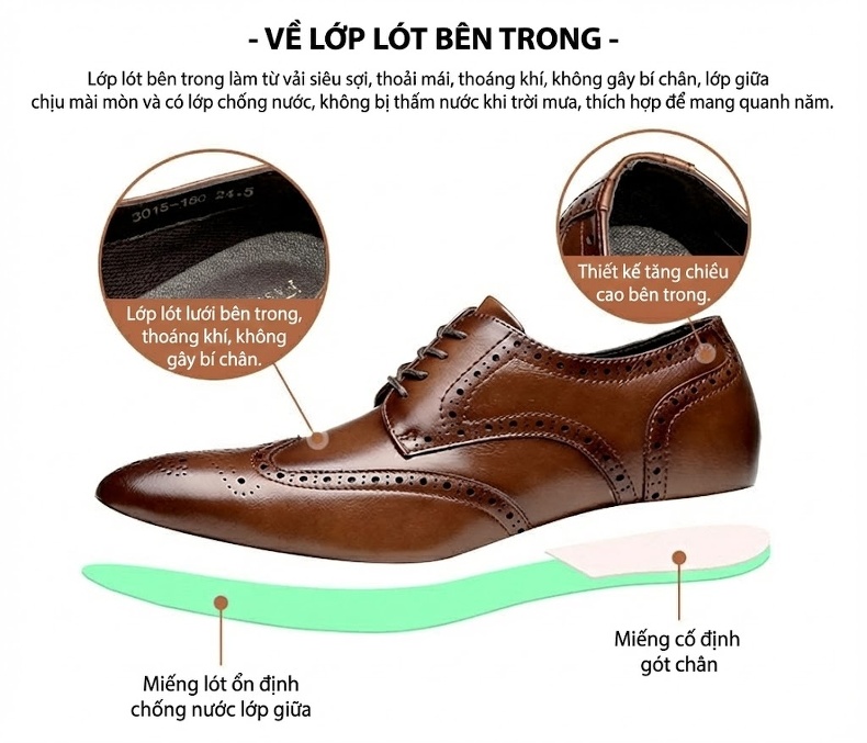 Giày Tây Buộc Dây Nam Da Thật Chiều Cao Đế 6cm Kiểu Brogue Màu Đen, Nâu chi tiết 5