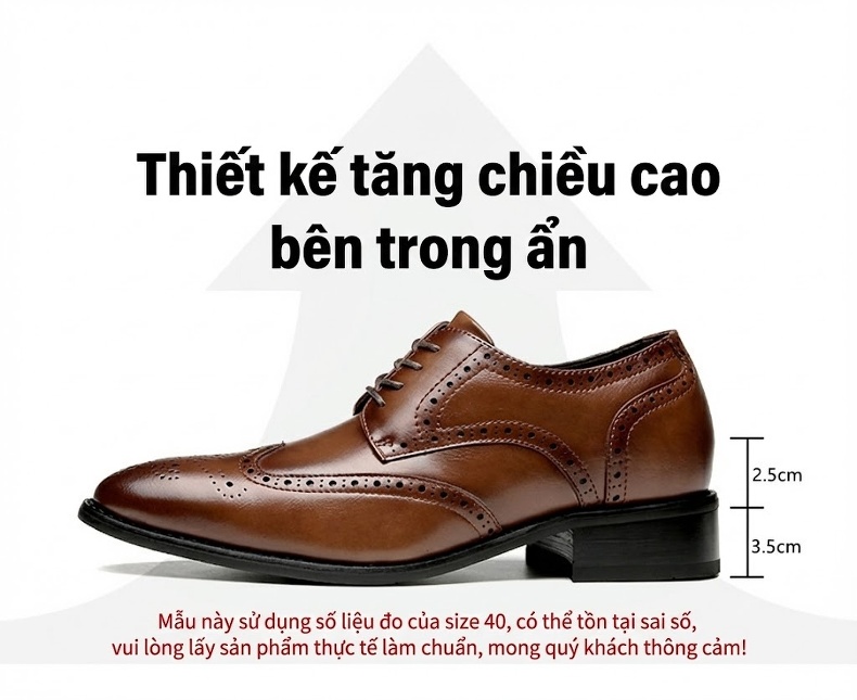 Giày Tây Buộc Dây Nam Da Thật Chiều Cao Đế 6cm Kiểu Brogue Màu Đen, Nâu chi tiết 6