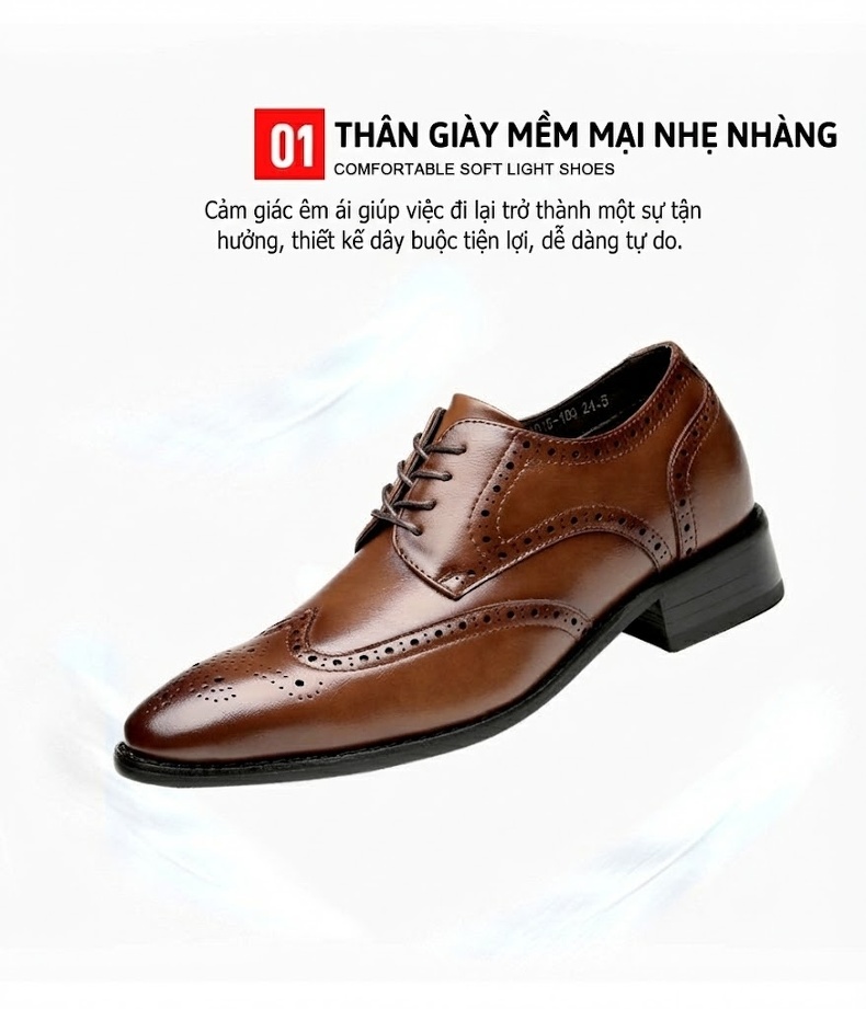Giày Tây Buộc Dây Nam Da Thật Chiều Cao Đế 6cm Kiểu Brogue Màu Đen, Nâu chi tiết 8