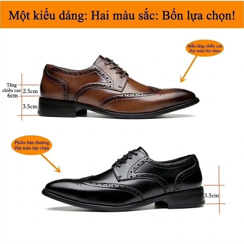 Giày Tây Buộc Dây Nam Da Thật Chiều Cao Đế 6cm Kiểu Brogue Màu Đen, Nâu