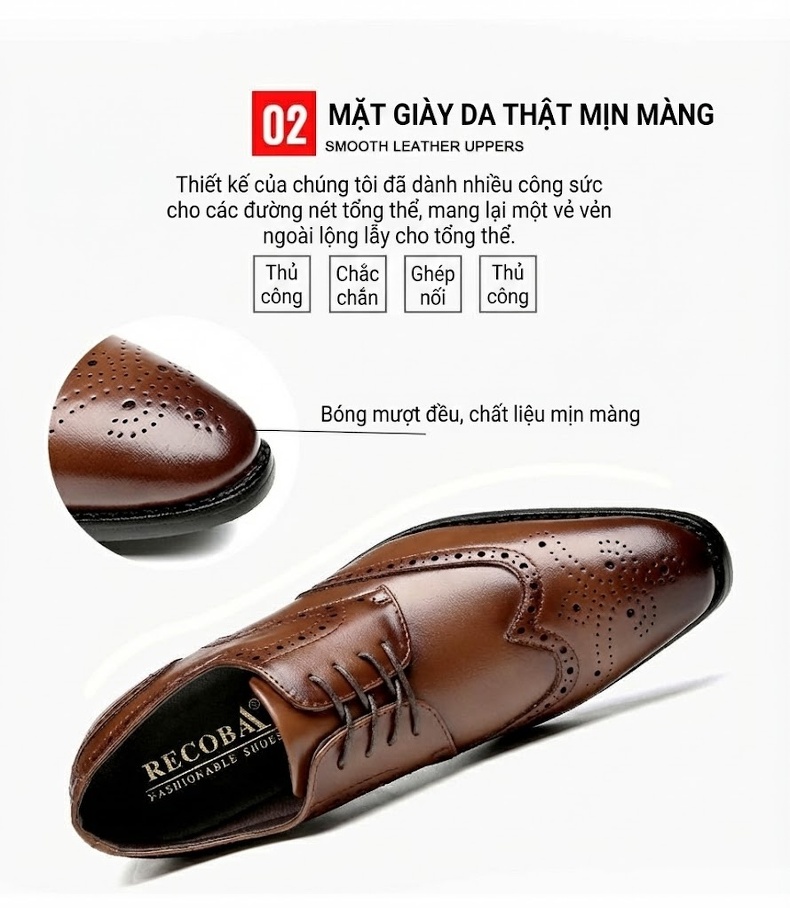 Giày Tây Buộc Dây Nam Da Thật Chiều Cao Đế 6cm Kiểu Brogue Màu Đen, Nâu chi tiết 9