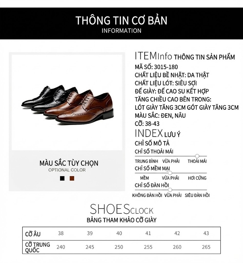 Giày Tây Buộc Dây Nam Da Thật Chiều Cao Đế 6cm Kiểu Brogue Màu Đen, Nâu chi tiết 11