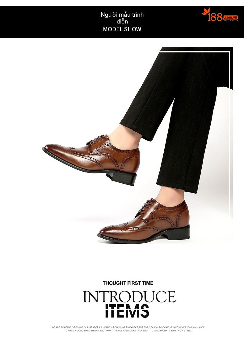 Giày Tây Buộc Dây Nam Da Thật Chiều Cao Đế 6cm Kiểu Brogue Màu Đen, Nâu chi tiết 12