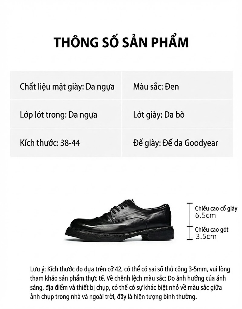 Giày Tây Buộc Dây Nam Da Thật Chiều Cao Đế Khoảng 3.5cm Màu Đen, Nâu Đỏ, Nâu chi tiết 2