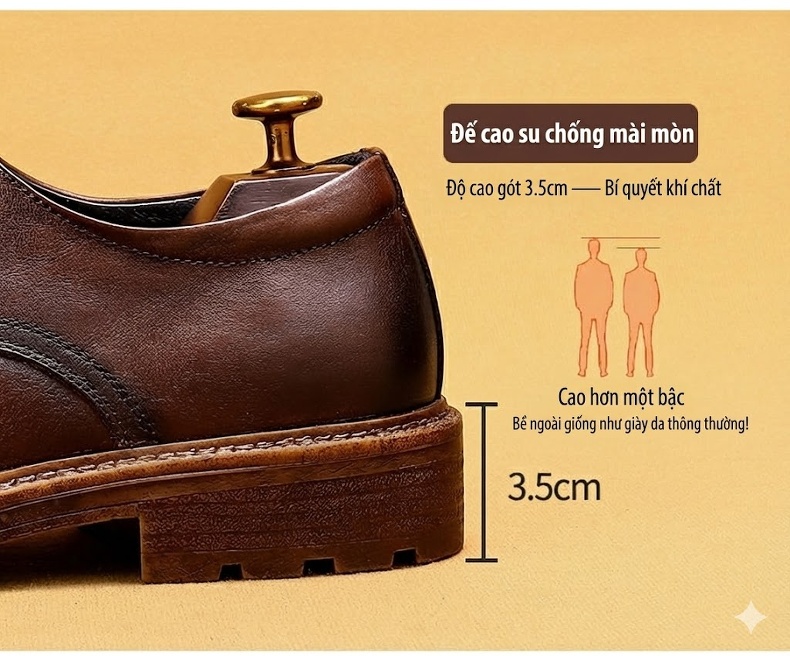 Giày Tây Buộc Dây Nam Da Thật Chiều Cao Đế Khoảng 3.5cm Màu Đen, Nâu chi tiết 3