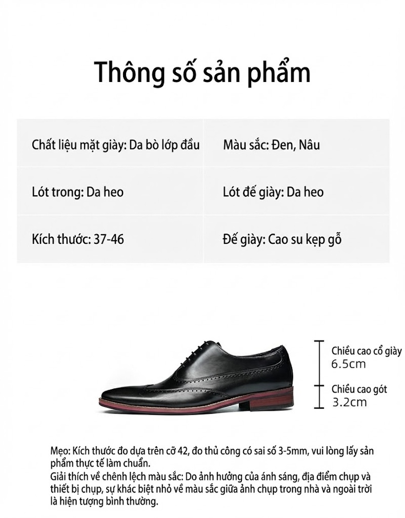 Giày Tây Buộc Dây Nam Da Thật Chiều Cao Đế Khoảng 3cm Kiểu dáng Brogue Màu Đen, Nâu chi tiết 2