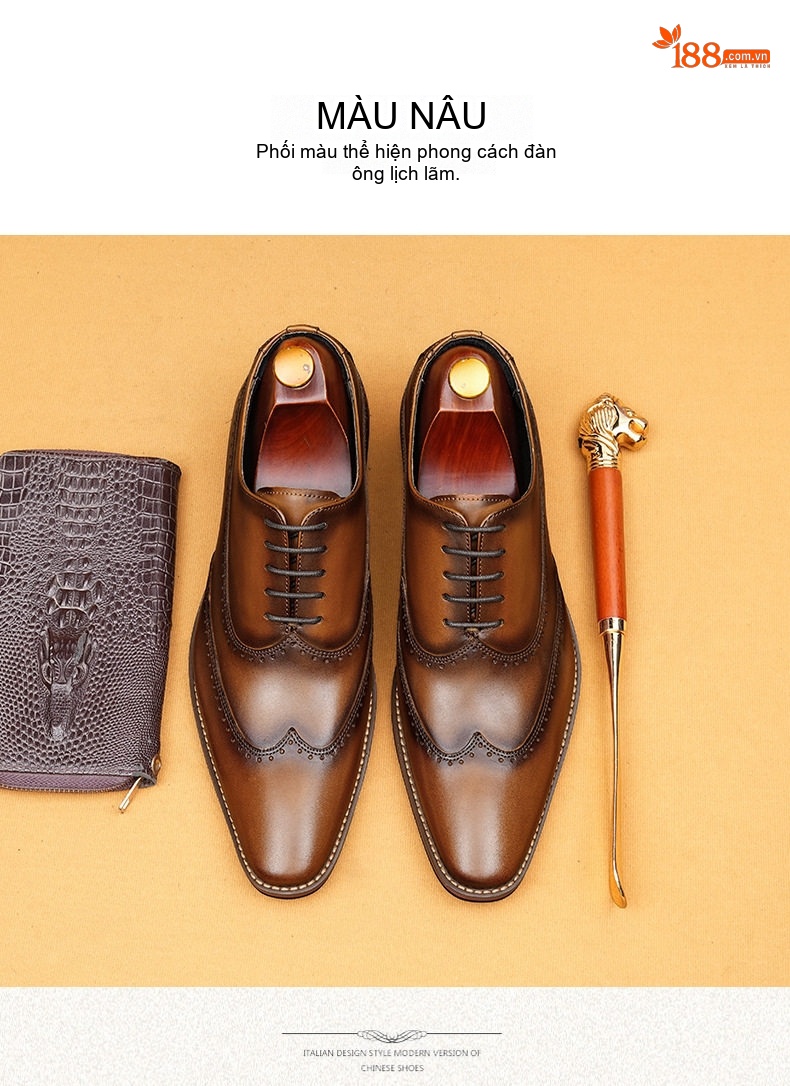 Giày Tây Buộc Dây Nam Da Thật Chiều Cao Đế Khoảng 3cm Kiểu dáng Brogue Màu Đen, Nâu chi tiết 12