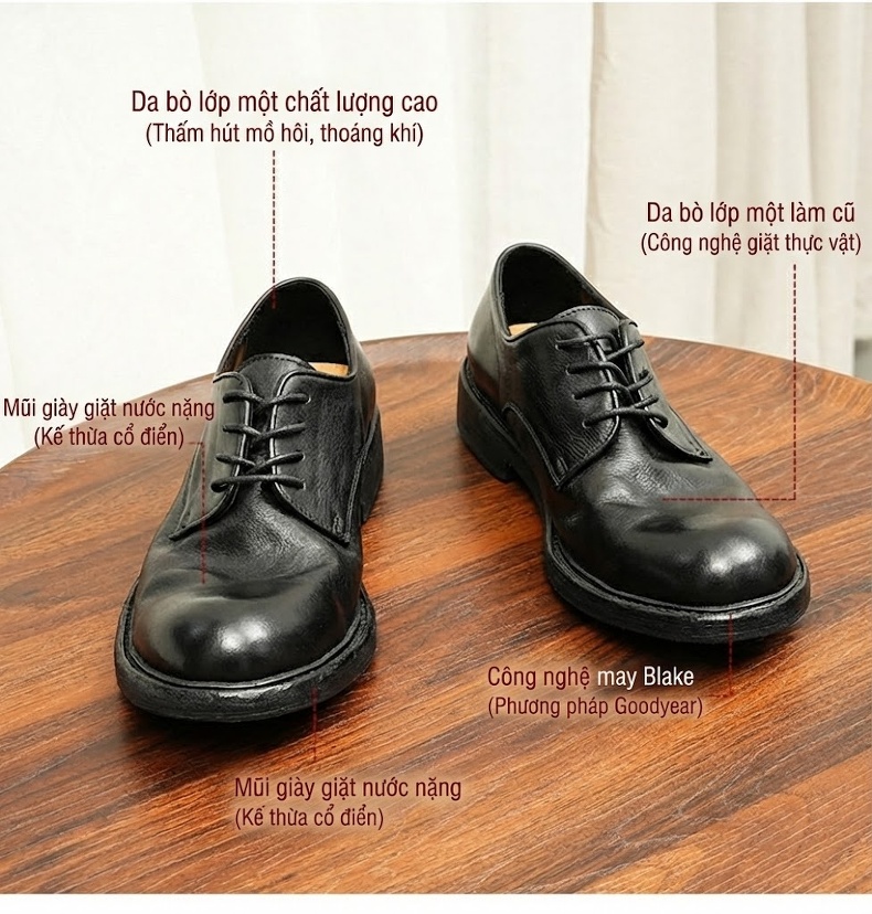 Giày Tây Buộc Dây Nam Da Thật Chiều Cao Đế Khoảng 3cm Màu Đen chi tiết 5