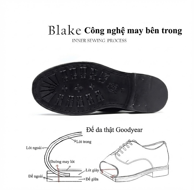 Giày Tây Buộc Dây Nam Da Thật Chiều Cao Đế Khoảng 3cm Màu Đen chi tiết 6