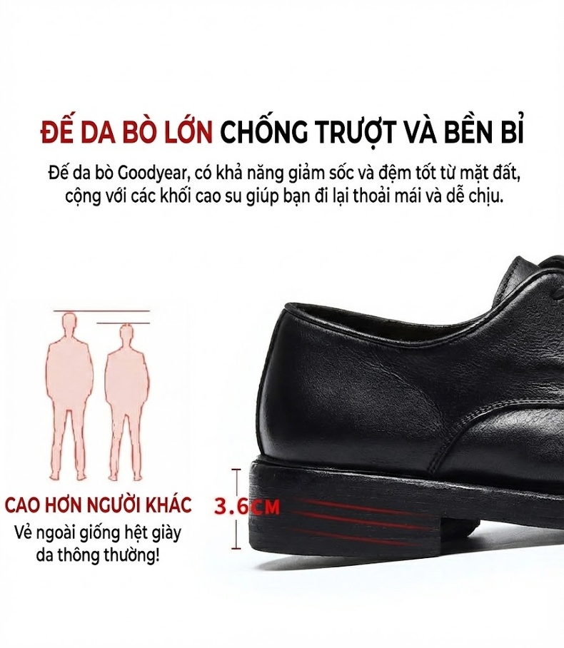 Giày Tây Buộc Dây Nam Da Thật Chiều Cao Đế Khoảng 3cm Màu Đen chi tiết 12