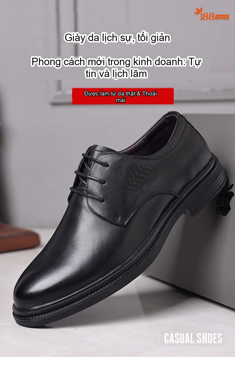 Giày Tây Buộc Dây Nam Da Thật Chiều Cao Đế Khoảng 3cm Màu Đen chi tiết 1