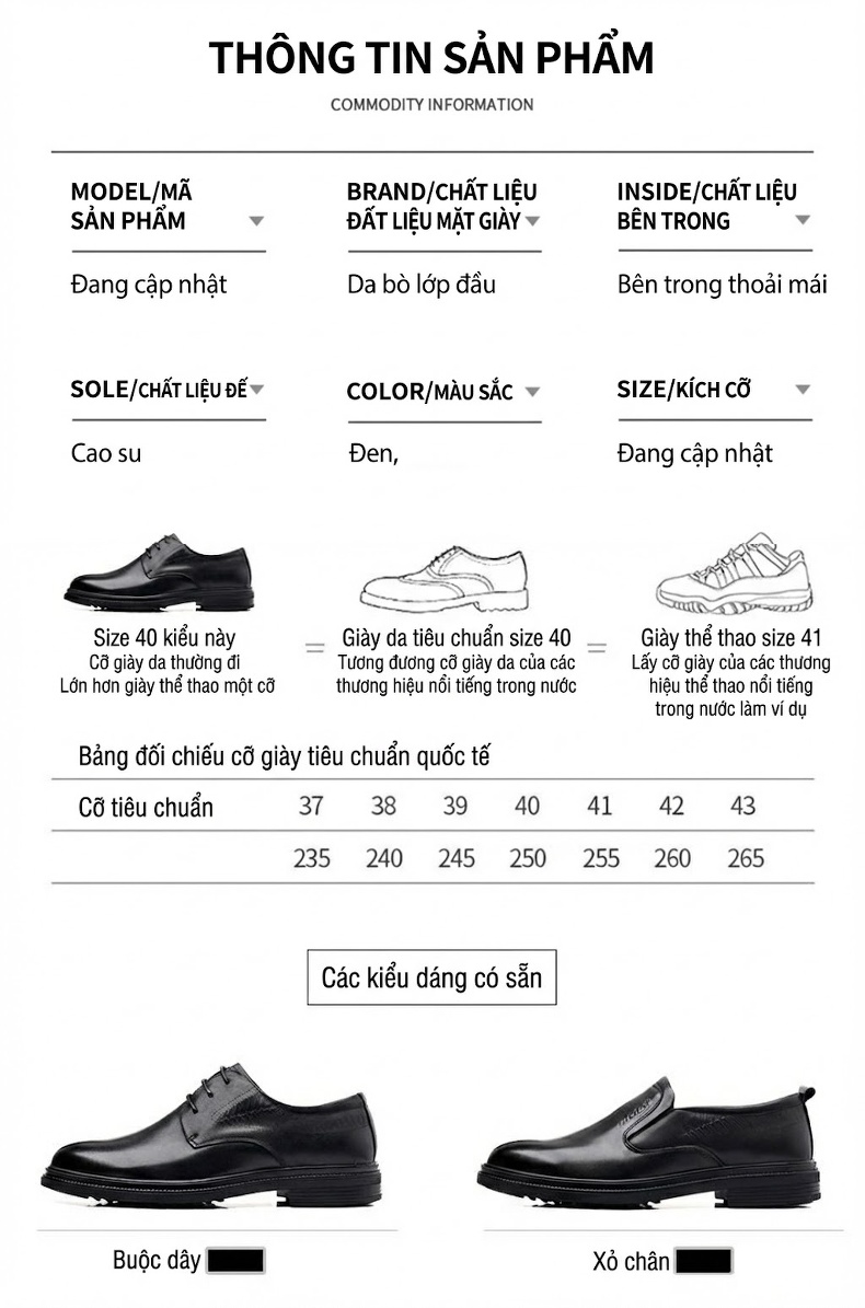 Giày Tây Buộc Dây Nam Da Thật Chiều Cao Đế Khoảng 3cm Màu Đen chi tiết 4