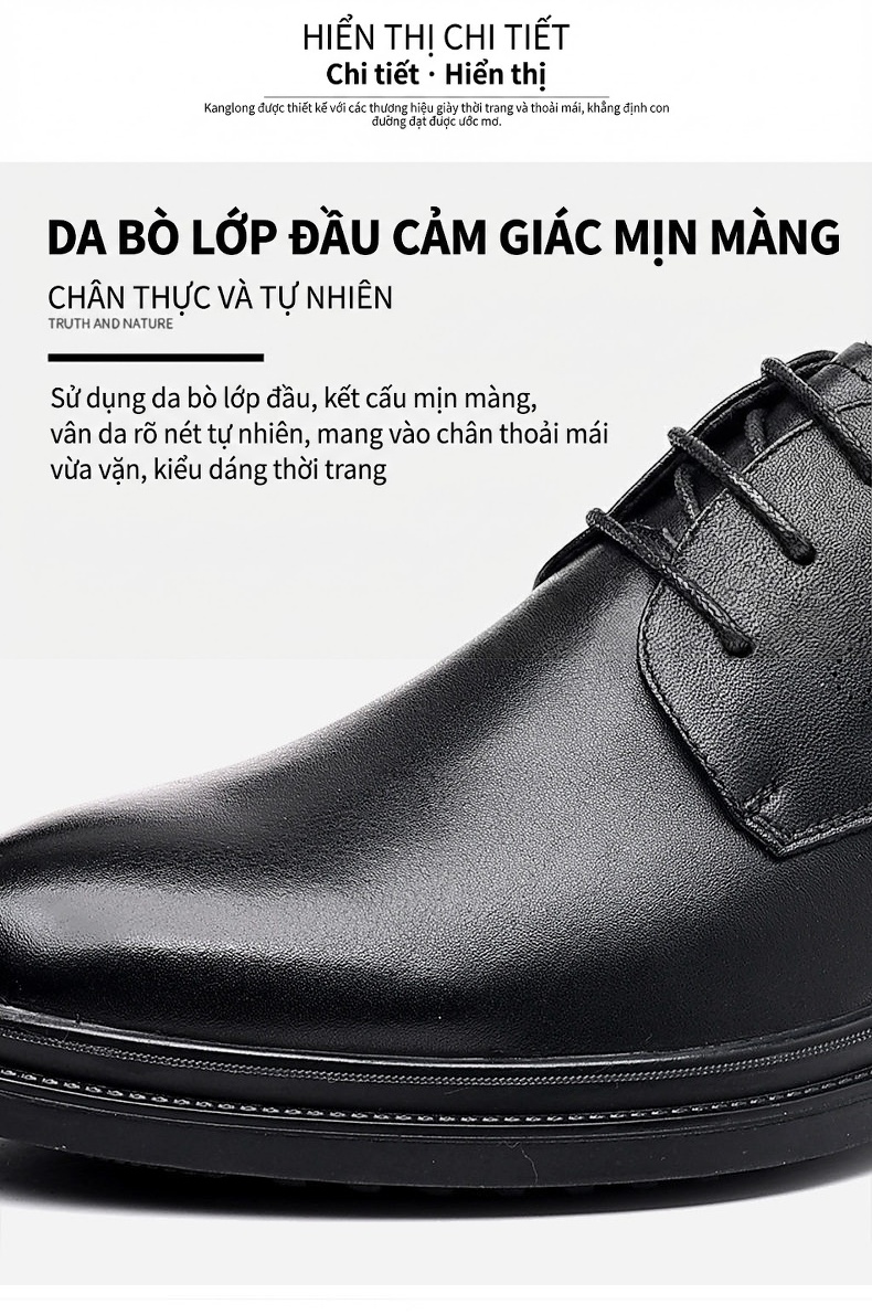 Giày Tây Buộc Dây Nam Da Thật Chiều Cao Đế Khoảng 3cm Màu Đen chi tiết 5