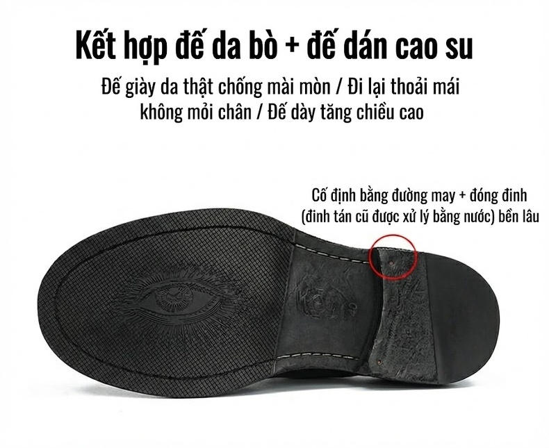 Giày Tây Buộc Dây Nam Da Thật Chiều Cao Đế Khoảng 3cm Màu Đen, Nâu chi tiết 6