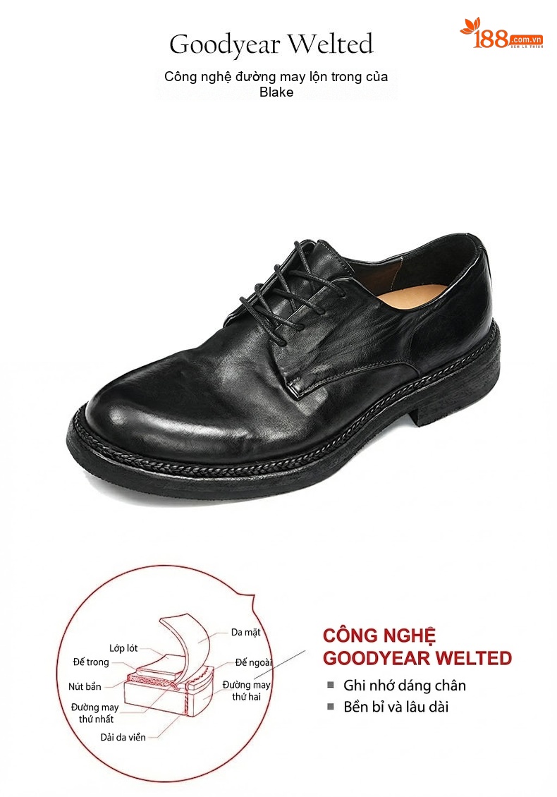 Giày Tây Buộc Dây Nam Da Thật Chiều Cao Đế Khoảng 3cm Màu Đen, Nâu chi tiết 4