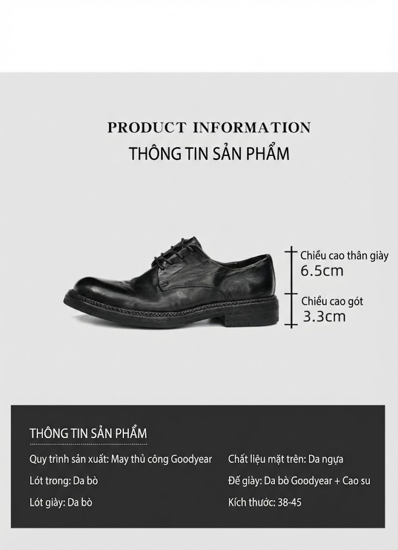 Giày Tây Buộc Dây Nam Da Thật Chiều Cao Đế Khoảng 3cm Màu Đen, Nâu chi tiết 7