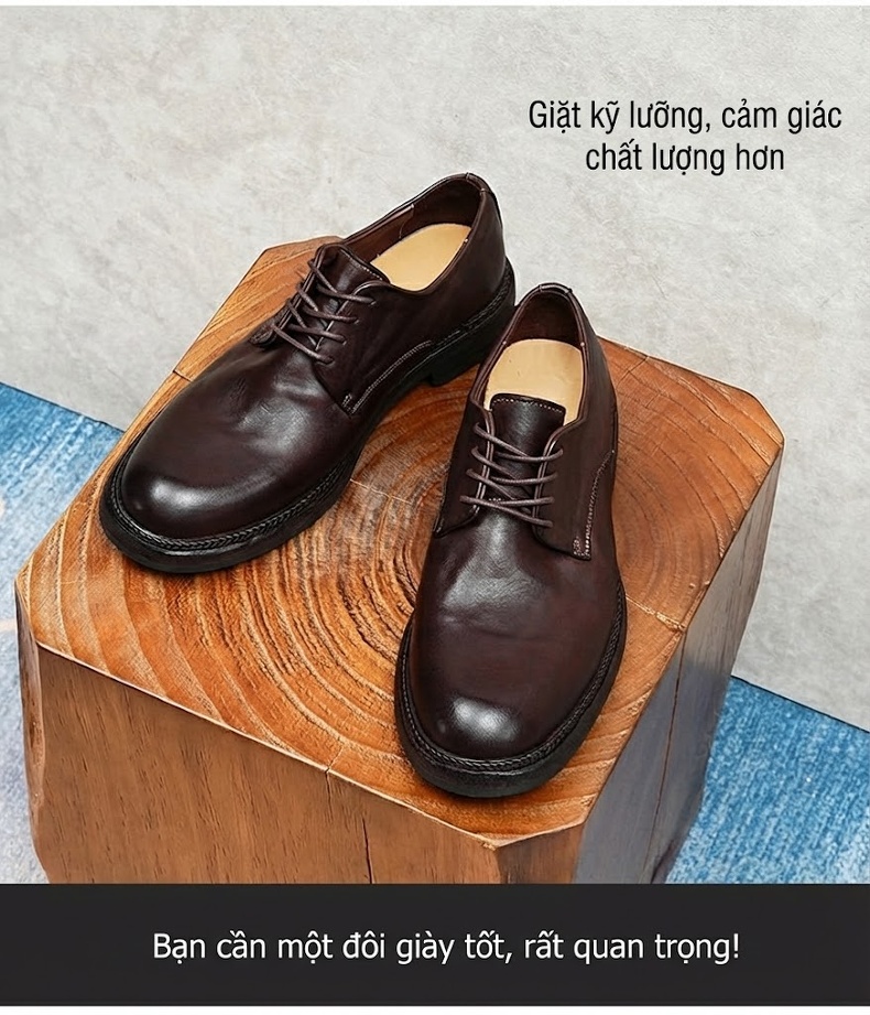 Giày Tây Buộc Dây Nam Da Thật Chiều Cao Đế Khoảng 3cm Màu Đen, Nâu chi tiết 18