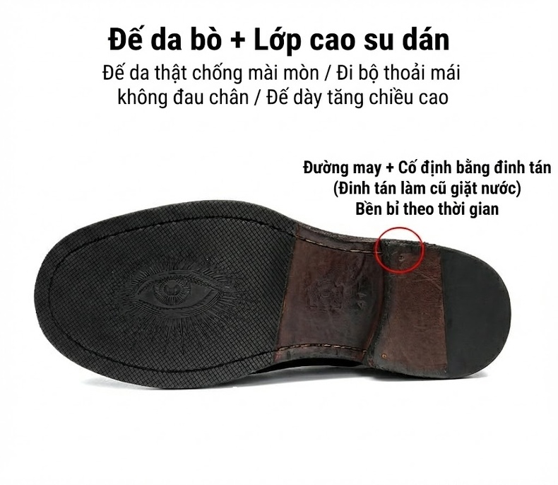 Giày Tây Buộc Dây Nam Da Thật Chiều Cao Đế Khoảng 3cm Màu Đen, Nâu chi tiết 22