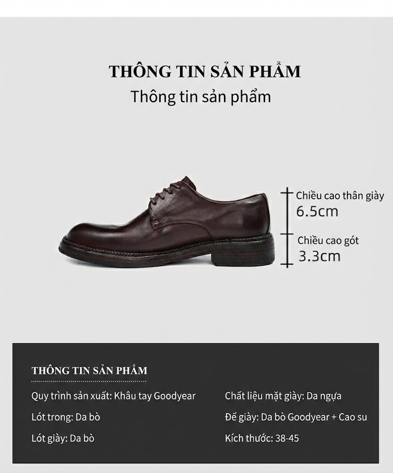 Giày Tây Buộc Dây Nam Da Thật Chiều Cao Đế Khoảng 3cm Màu Đen, Nâu chi tiết 23