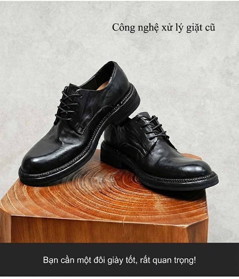 Giày Tây Buộc Dây Nam Da Thật Chiều Cao Đế Khoảng 3cm Màu Đen, Nâu chi tiết 2