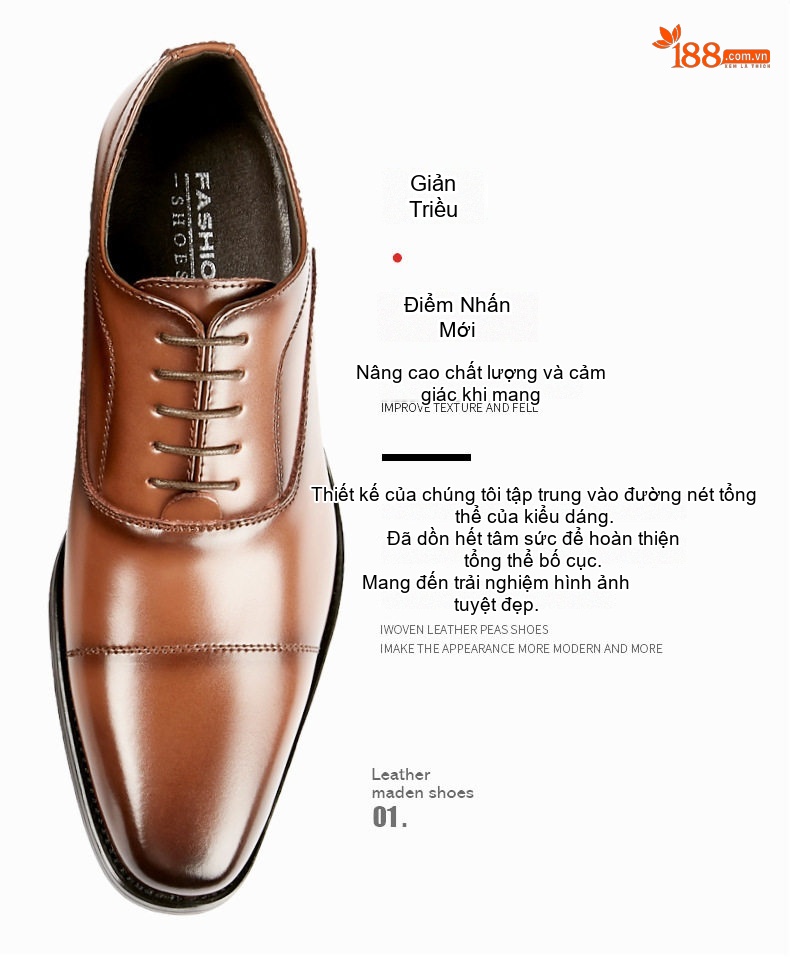 Giày Tây Buộc Dây Nam Da Thật Chiều Cao Đế Khoảng 3cm Màu Đen, Nâu chi tiết 5