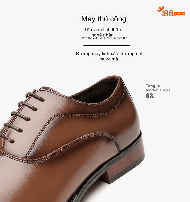 Giày Tây Buộc Dây Nam Da Thật Chiều Cao Đế Khoảng 3cm Màu Đen, Nâu chi tiết 7