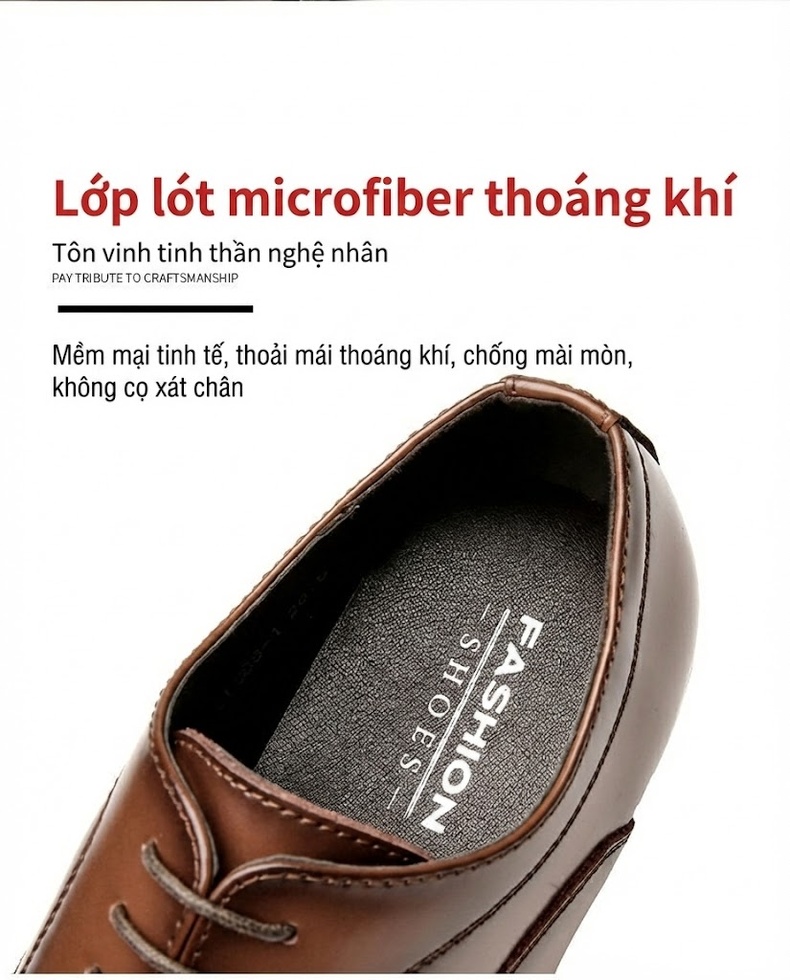 Giày Tây Buộc Dây Nam Da Thật Chiều Cao Đế Khoảng 3cm Màu Đen, Nâu chi tiết 8