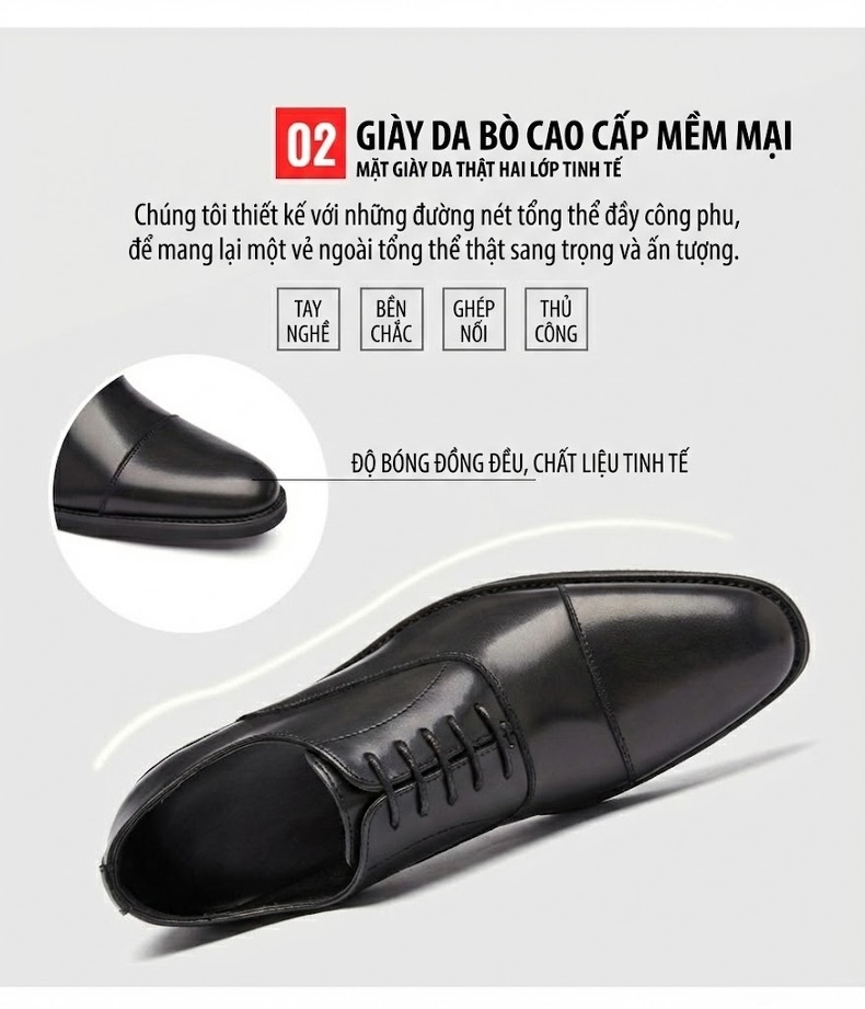 Giày Tây Buộc Dây Nam Da Thật Chiều Cao Đế Khoảng 3cm Màu Đen, Nâu chi tiết 7