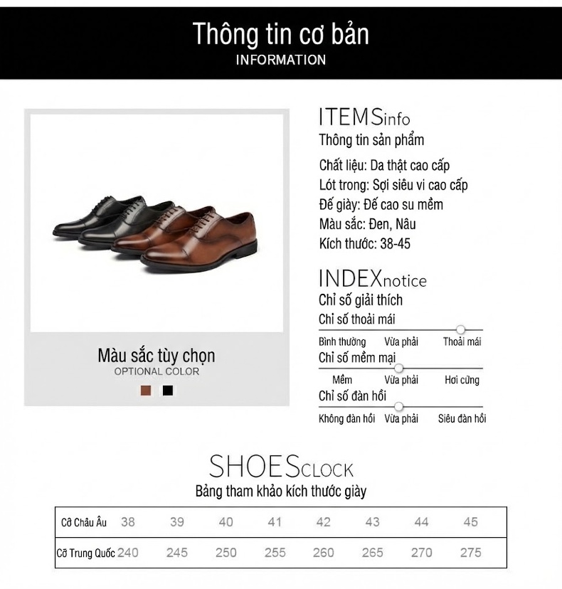 Giày Tây Buộc Dây Nam Da Thật Chiều Cao Đế Khoảng 3cm Màu Đen, Nâu chi tiết 9