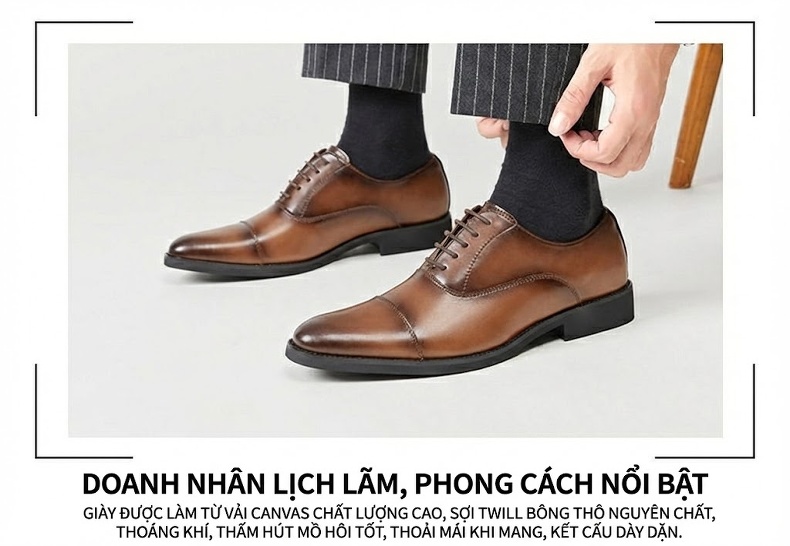 Giày Tây Buộc Dây Nam Da Thật Chiều Cao Đế Khoảng 3cm Màu Đen, Nâu chi tiết 13