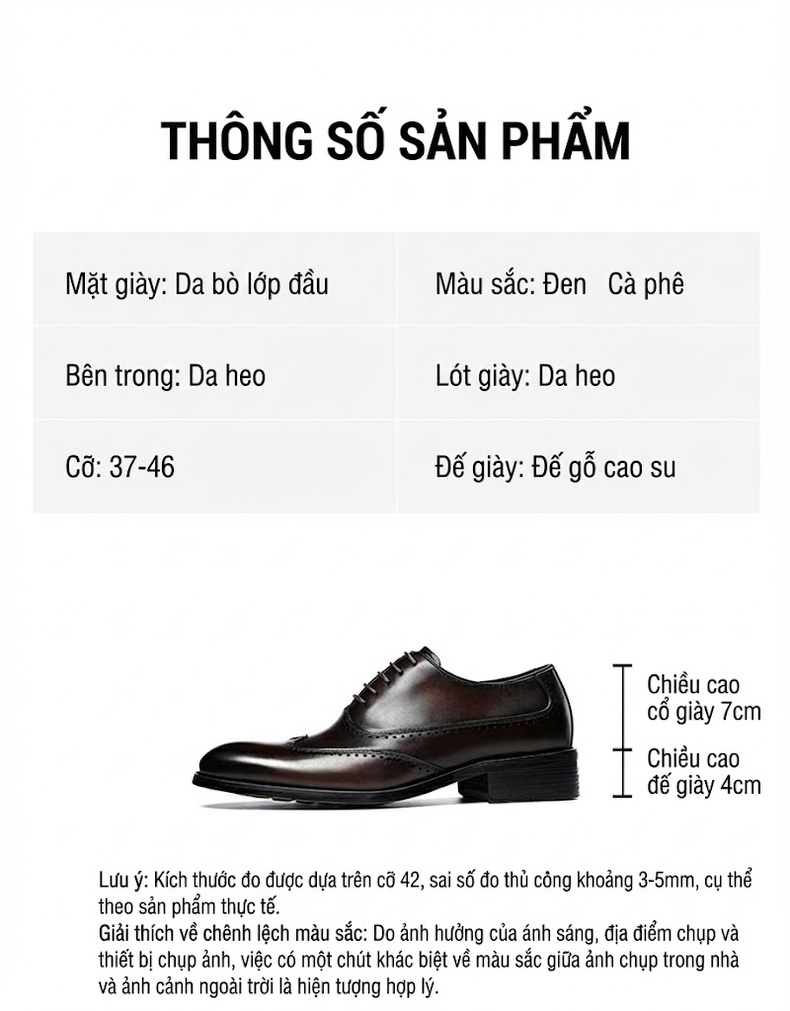 Giày Tây Buộc Dây Nam Da Thật Chiều Cao Đế Khoảng 3cm Màu Đen, Nâu chi tiết 2