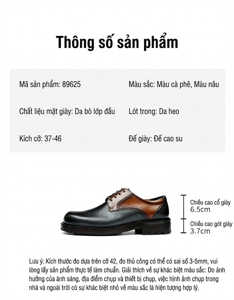 Giày Tây Buộc Dây Nam Da Thật Chiều Cao Đế Khoảng 3cm Màu Đen, Nâu chi tiết 2