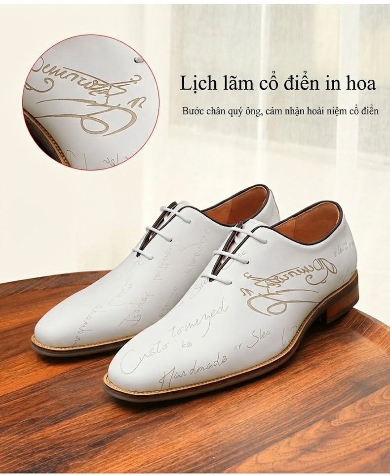 Giày Tây Buộc Dây Nam Da Thật Chiều Cao Đế Khoảng 3cm Màu Đen, Trắng, Nâu chi tiết 6