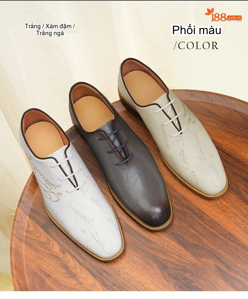 Giày Tây Buộc Dây Nam Da Thật Chiều Cao Đế Khoảng 3cm Màu Đen, Trắng, Nâu chi tiết 3