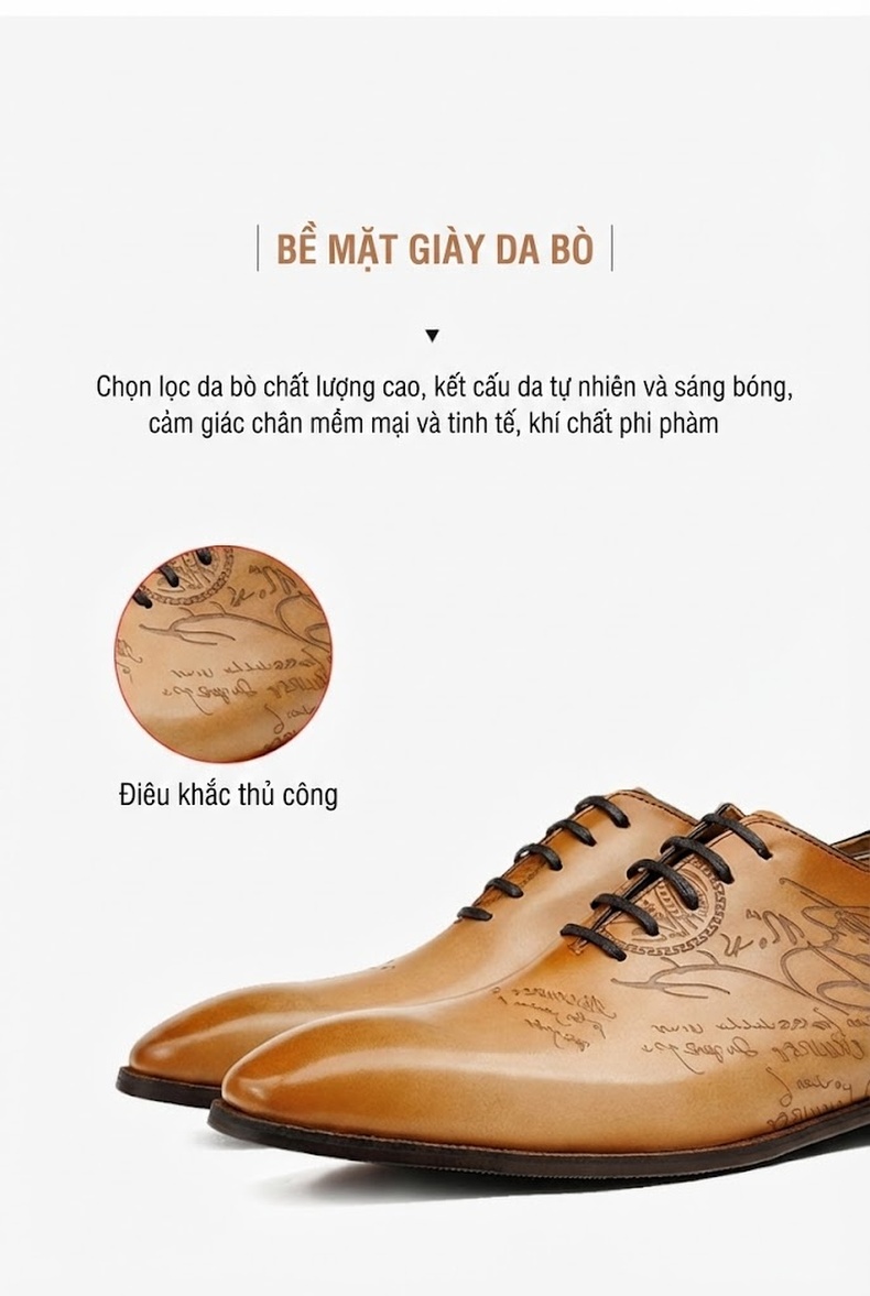 Giày Tây Buộc Dây Nam Da Thật Chiều Cao Đế Khoảng 3cm Màu Nâu, Đen chi tiết 6