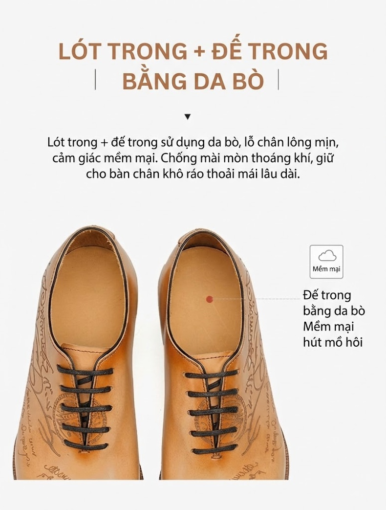 Giày Tây Buộc Dây Nam Da Thật Chiều Cao Đế Khoảng 3cm Màu Nâu, Đen chi tiết 7