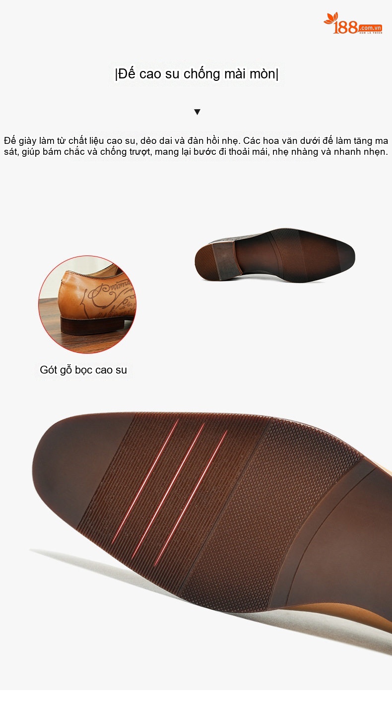 Giày Tây Buộc Dây Nam Da Thật Chiều Cao Đế Khoảng 3cm Màu Nâu, Đen chi tiết 8