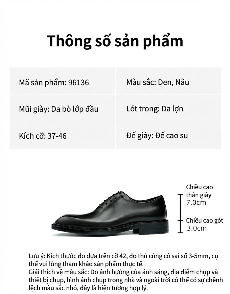 Giày Tây Buộc Dây Nam Da Thật Chiều Cao Đế Khoảng 3cm Màu Nâu, Đen chi tiết 2
