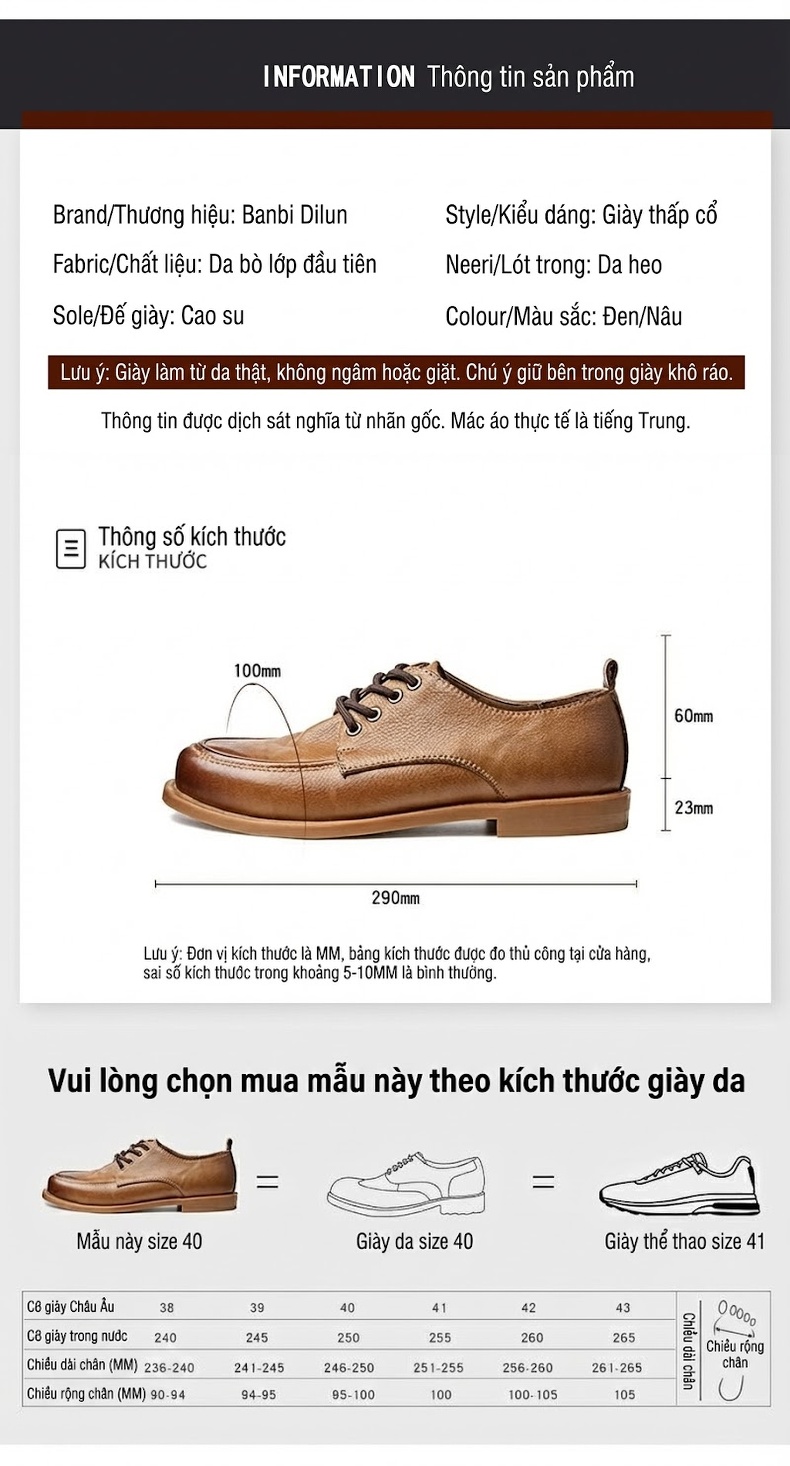 Giày Tây Buộc Dây Nam Da Thật Chiều Cao Đế Khoảng 3cm Màu Nâu, Đen chi tiết 4
