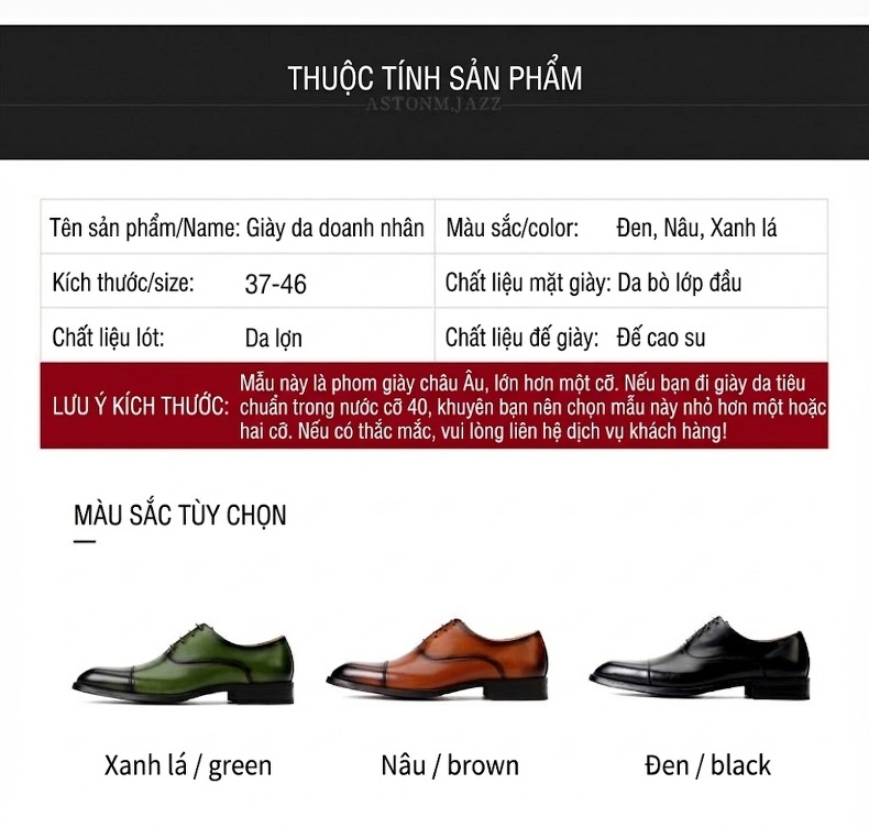 Giày Tây Buộc Dây Nam Da Thật Chiều Cao Đế Khoảng 3cm Màu Nâu, Đen, Xanh Lá chi tiết 5