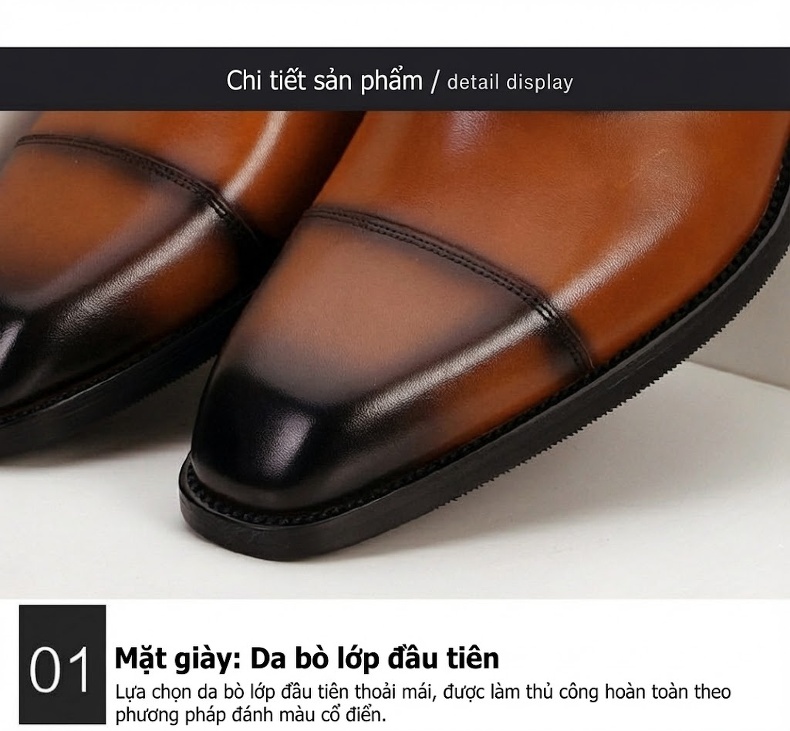 Giày Tây Buộc Dây Nam Da Thật Chiều Cao Đế Khoảng 3cm Màu Nâu, Đen, Xanh Lá chi tiết 20